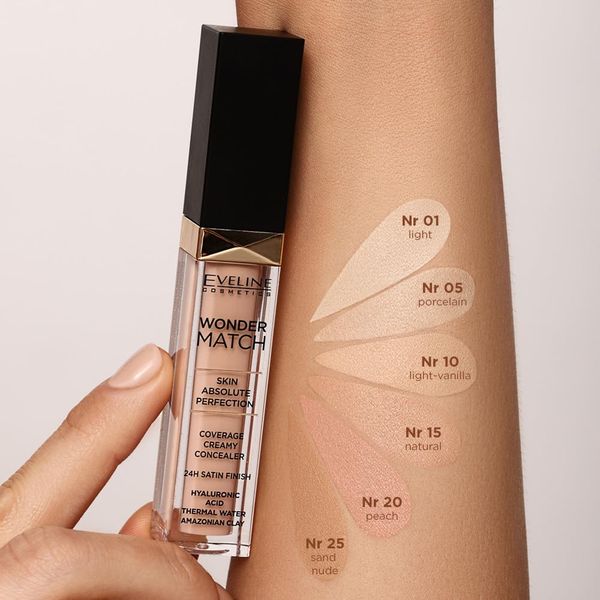 Eveline Cosmetics Wonder Match Liquid Concealer No. 10 Light Vanilla - Moisturising, Anti-Ageing Formula with Hyaluronic Acid, Thermal Water & Amazon Clay