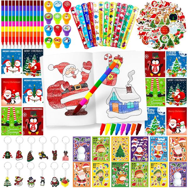 122PCS Christmas Party Favors Christma Coloring Books and Eight Color Crayons Funny Keychains Paper Glasses Stickers For Kids