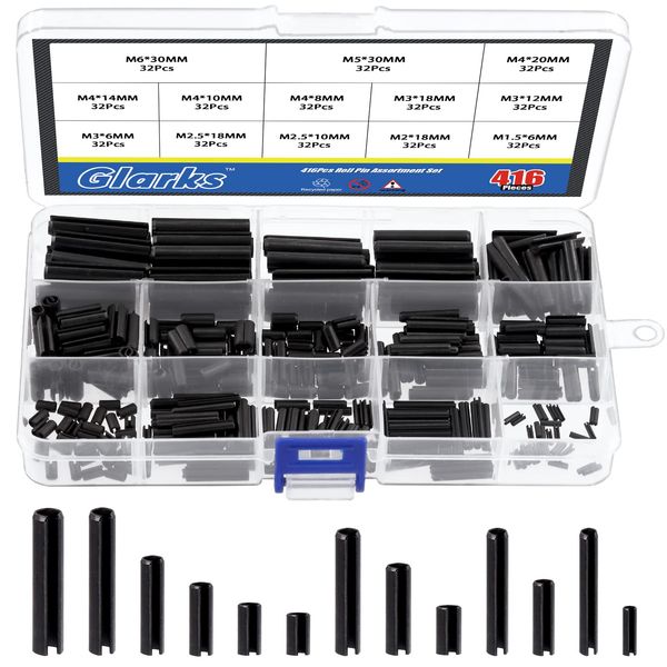 Glarks 416Pcs Black Roll Pin Assortment Set M1.5 M2 M2.5 M3 M4 M5 M6 Slotted Spring Pins Split Spring Dowel Tension Roll Pins Set