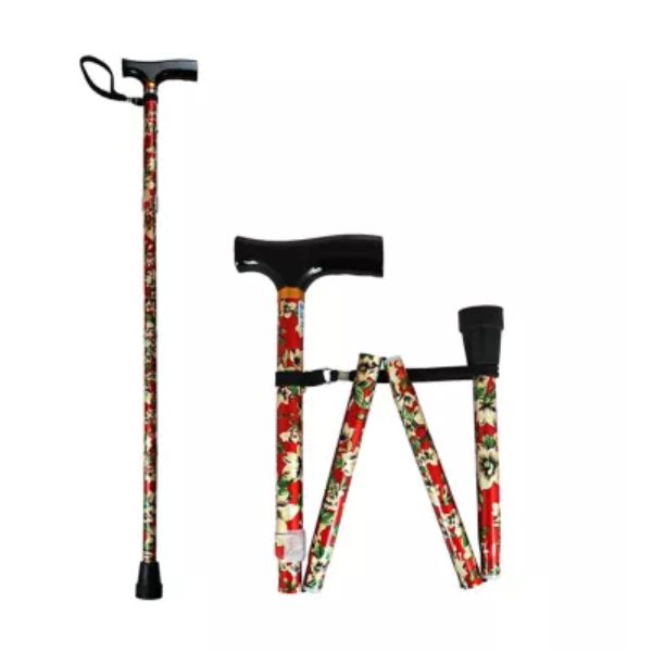 NRS Folding Walking Stick Red Floral