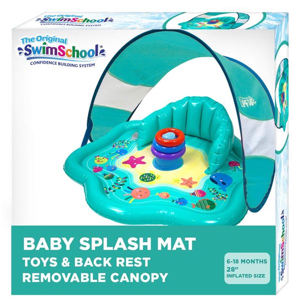 SwimSchool Baby Splash Play Mat with Adjustable Canopy – Inflatable Play Pool for Babies & Infants with Backrest – Includes Baby Water Toy Rings