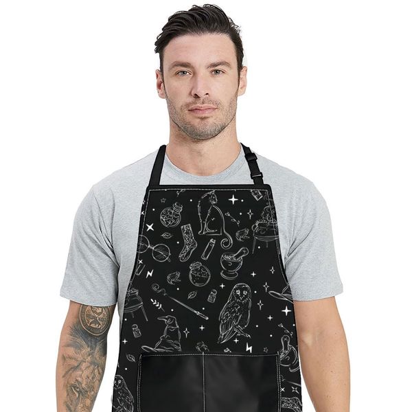 WZMPA Magic Wizard Kitchen Apron With Pockets Spooky Witch Gifts Gothic Magic Adjustable Apron For Cooking Baking Grilling (Magic Wizard Ap)