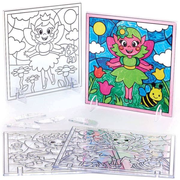 Baker Ross FC699 Fairy Suncatcher Pictures - Pack of 4, Painting Craft Kit for Kids, Stained Glass Window Crafts, Creative Summer Craft