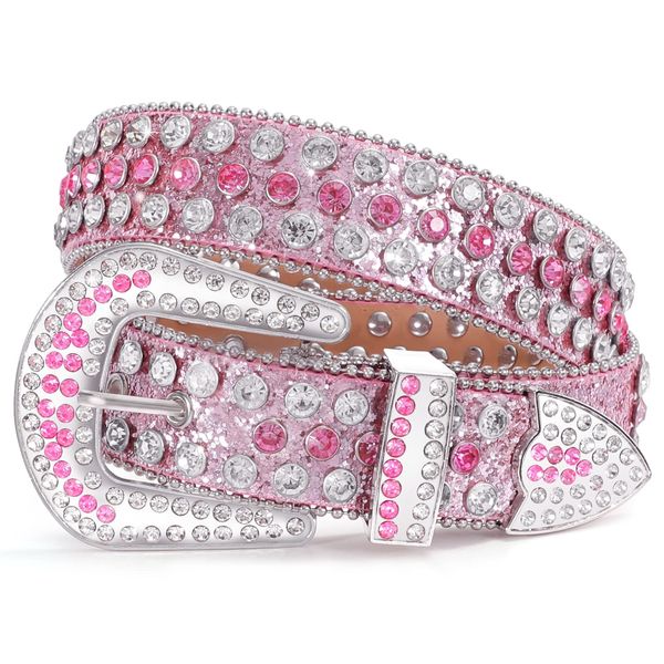 WERFORU Rhinestone Western Belt for Women Stylish Shiny Crystal Belt Cowgirl Cowboy Bling Studded Leather Belt Pink