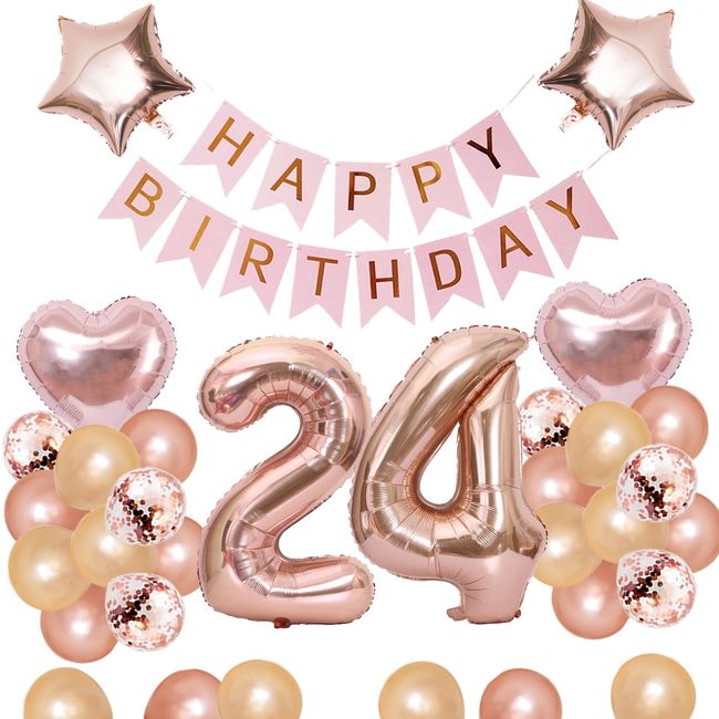 24th Birthday Balloons, Balloons, Decoration Set, Number Balloons, 24 Happy Birthday Garland, Heart Balloons, Confetti Balloons, Birthday Balloons, For Adults, Girls, Rose Pink