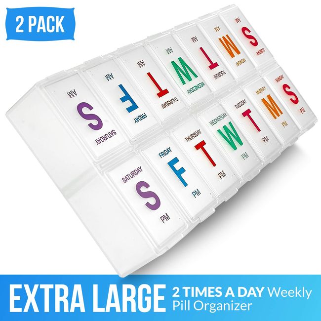 Large 7 Day Pill Organizer, 2 Times a Day Pill Box Case, XL Am Pm