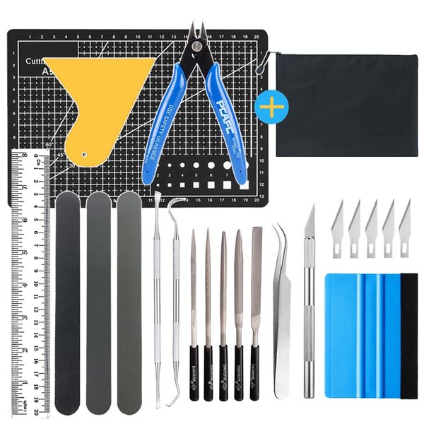 22 PEC DIY Craft Tool Set Weeding Model Tools Plotter Accessories Grid Hook Tweezers Spatula + A5 Craft Mat Pliers Sanding Sticks Metal File Set for Gundam Car Model Building Repairing