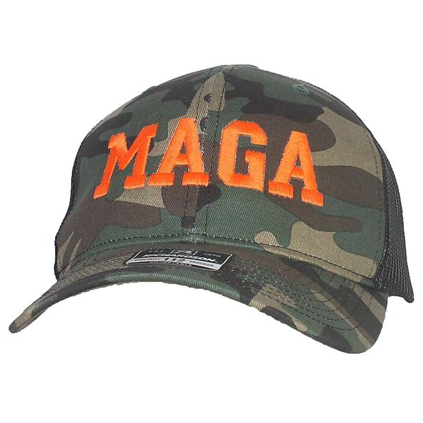 Tropic Hats Adult Embroidered Trump MAGA 6 Panel Trucker Cap W/Snapback - Woodland Camo/Black