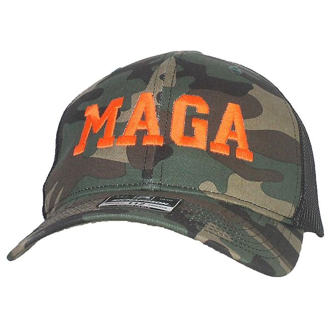 Tropic Hats Adult Embroidered Trump MAGA 6 Panel Trucker Cap W/Snapback - Woodland Camo/Black