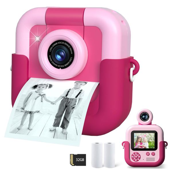 Instant Print Camera for Kids Age 3-12，Christmas Birthday Gifts Toy Girls Boys 1080P Selfie Video Camera for Kids，Kids Instant Print Camera with 32GB Card，Portable Toy 3 4 5 6 7 8 9 Year Old Child