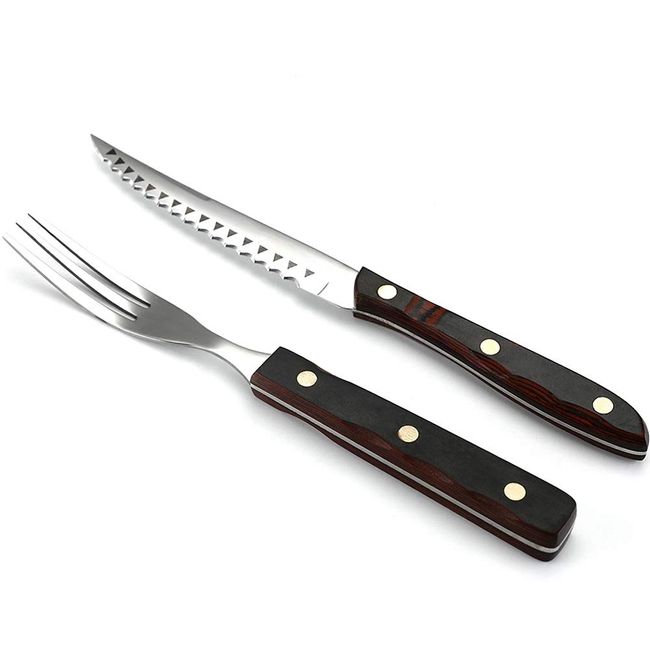 VKING Steak Knife, Knife Fork Set, Table Fork for Meat, Cut, Wood Handle, Stainless Steel, Luxurious Dinner Knife Fork, Pasta Fork, Dinner Cutlery Set, Barbecue, Wave Blades, Western Tableware Set, Restaurant, Home, Dishwasher Safe, Easy Maintenance, Rust