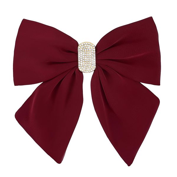 Andibro Short Tail Large Bow Hair Clip, French Bow Hairpins, Soft Silky Satin Bow Hairclips Aesthetic Bowknot Barrettes with Metal Clips for Dress Up 90's Accessories Decor for Wedding Party(Wine Red)