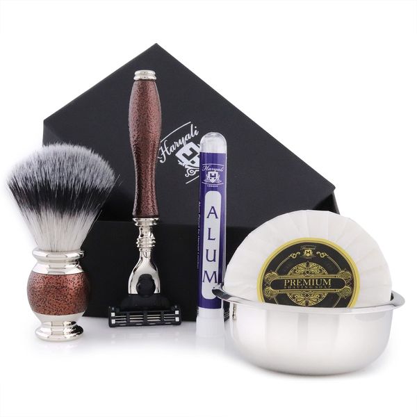 Haryali London Shaving Kit – 5 Pc Shaving Kit – 3 Edge Shaving Blade Shaving Razor - Synthetic Hair Shaving Brush – Shaving Soap – Shaving Bowl – Alum – Antique Maroon Color Shaving Set as Gift