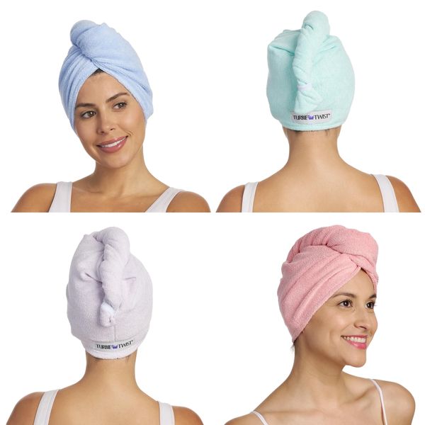 Turbie Twist Microfiber Hair Towel Wrap - for Women, Men & Kids - Travel & Bathroom Essential - Quick Dry Hair Turban for Curly, Long & Thick Hair - 4 Pack (Pink, Purple, Blue, Aqua)