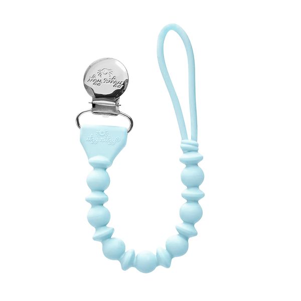 Itzy Ritzy Silicone Pacifier Clip; 100% Food Grade Silicone Pacifier Strap with Clip Keeps Pacifiers, Teethers & Small Toys in Place; Features One-Piece Design & Silicone Cord (Sky)