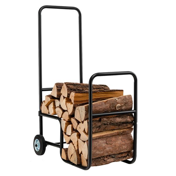 Topbuy Firewood Log Cart Carrier, Wood Hauler with 2 Rubber Wheels & Ergonomic