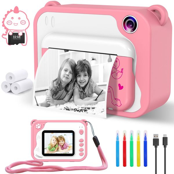 Kids Camera Instant Print, Dinosaur Kids Digital Camera,1080P Toddler Camera with 32G SD Card, Kids Toy Camera Childrens Video Camera, Birthday Gifts Portable Toy for 3-12 Year Old Girls Boys (Pink)