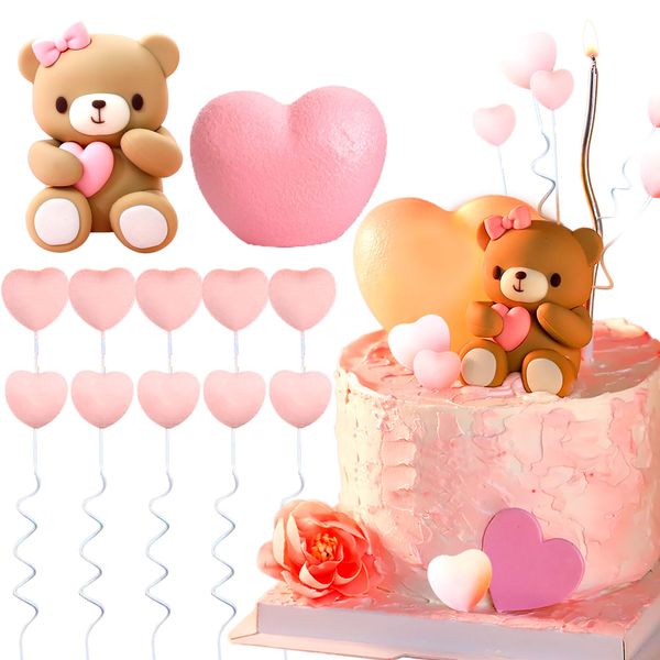 LaVenty 12 PCS Pink Bear Cake Decoration Heart Love Cake Topper Heart Teddy Bear Cake Decoration Baby Shower Cake Decoration Baby Girl Cake Decoration