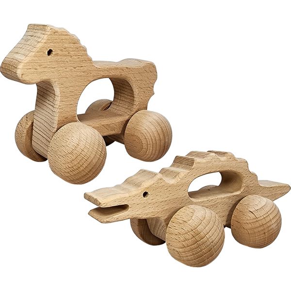 Adventure Awaits! Wooden Animal Rattle Toy Set for Toddlers & Preschoolers | Horse & Crocodile Wheeled Push and Pull Car 2 Pack