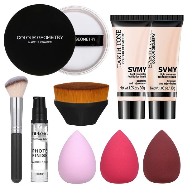 Foundation Full Coverage Matte Oil Control Concealer with Face Primer & Makeup Brush & Makeup Sponge & Foundation Brush