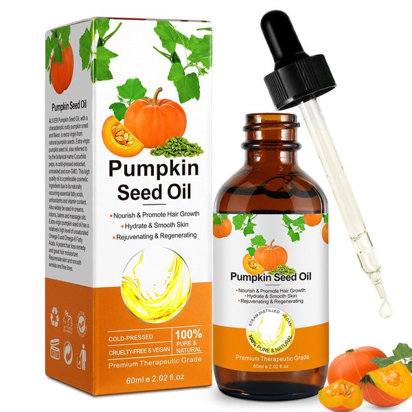 Kürbiskernöl für Haare, Pumpkin Seed Oil 60ml Bio Kürbiskernöl für Haarwachstum Gesichtskörper 100% Reines Kürbiskernöl kalt gepresst Unraffiniert