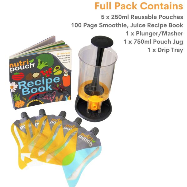 Nutripouch Smoothie Maker System with 15 Reusable Pouches & Recipe Book - Make & Store Homemade Smoothies, Juices, Energy Drinks, Soups & Protein Shakes - Ideal for Slimming, Fitness, Meal Prep