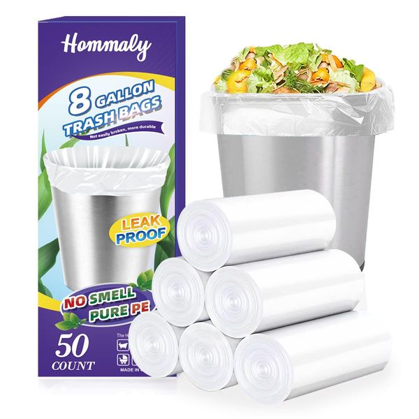 Hommaly 8 Gallon 50pcs Medium Clear Trash Bags Strong Clear Garbage Bags, Bathroom Trash Can Bin Liners, Plastic Bags for Office, Waste Basket Liner, Fit 30 Liter, 6,7,8 Gal(8G50-Clear)