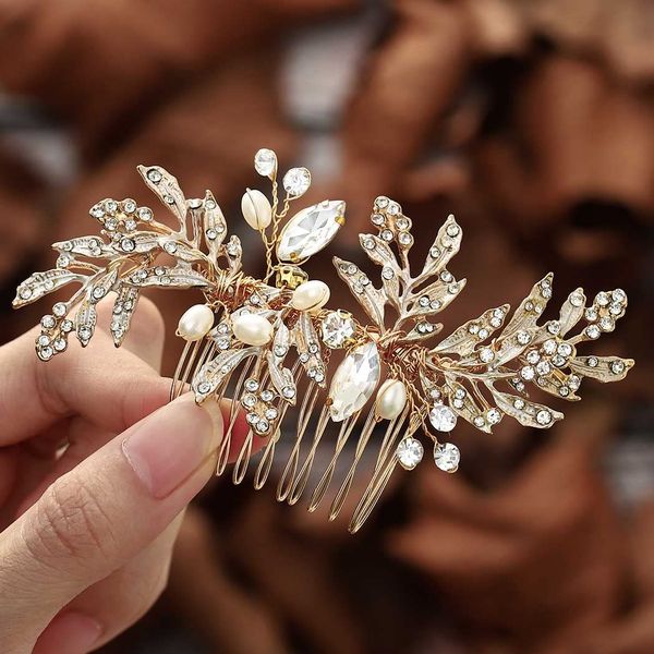 Foyte Crystal Bride Wedding Hair Comb Leaf Bridal Headpieces Rhinestone Hair Pieces Pearl Bridesmaid Side Combs Hair Accessories for Women (rhinestone)