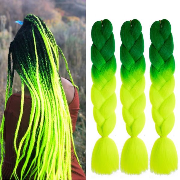 Braiding Hair Ombre Green to Yellow Green Kanekalon Braid Hair Extensions Hot Water Setting High Temperature Synthetic Fiber 24 Inches(B43-3Pack)