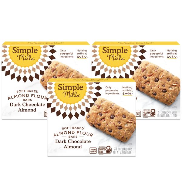 Simple Mills Almond Flour Snack Bars, Dark Chocolate Almond - Gluten Free, Made with Organic Coconut Oil, Breakfast Bars, Healthy Snacks, Paleo Friendly, 6 Ounce (Pack of 3)