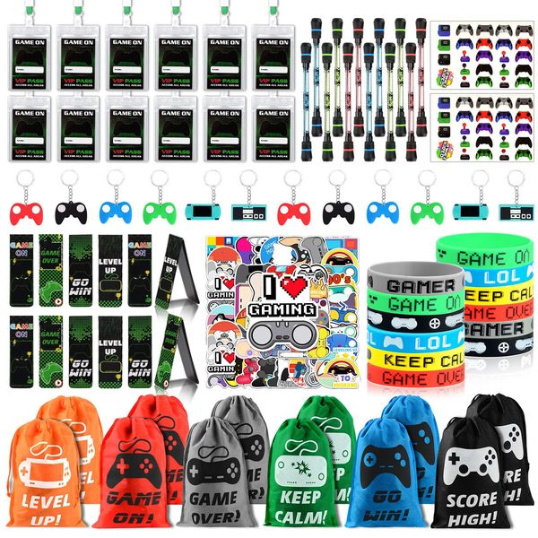 KISPATTI Video Game Party Favors, 124 PCS Gaming Birthday Party Supplies with Drawstring Bags VIP Pass Tickets Keychain Temporary Tattoo Stickers Game Theme Goodie Bag for Kids Gamer