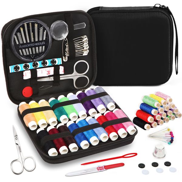 AUERVO Sewing Kit, Mini Sewing Kits 87PCS Thread and Needles Set for Adults, DIY,Home, Travel & Emergency with Compact Small Black Zipper Case