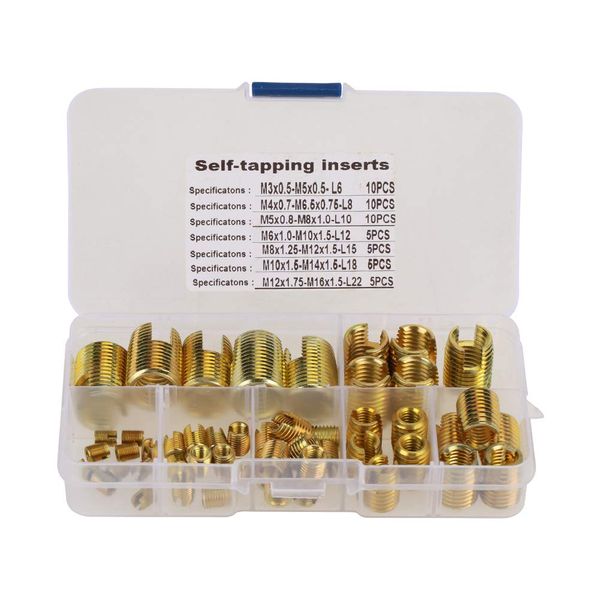 Self Tapping Threaded Inserts, 50PCS M3-M12 Carbon Steel Thread Slotted Inserts Combination Set Repair Thread Tool