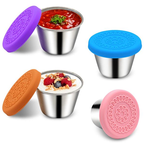 Salatdressing Behälter, 4x70ml Kleine Edelstahl Gewürzbehälter Saucenbehälter mit Silikondeckel, Wiederverwendbar Auslaufsicher Mini Dip Sauce Becher zum Mitnehmen, Snack Box Lebensmittelbehälter Set