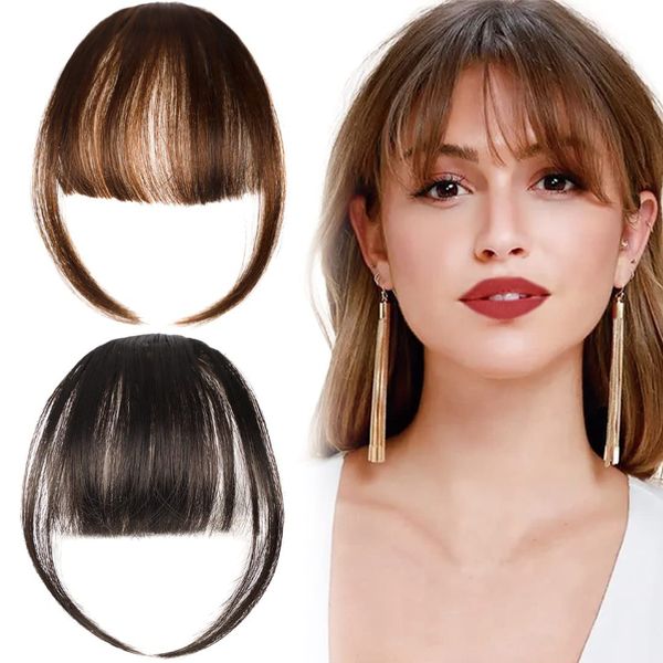 SJBAUTYO clip in pony,pony haarteil,Haarknalle Natural Look Flat Bangs One Piece Clip in Haarverlängerungen für Frauen (Schwarz, Hellbraun)