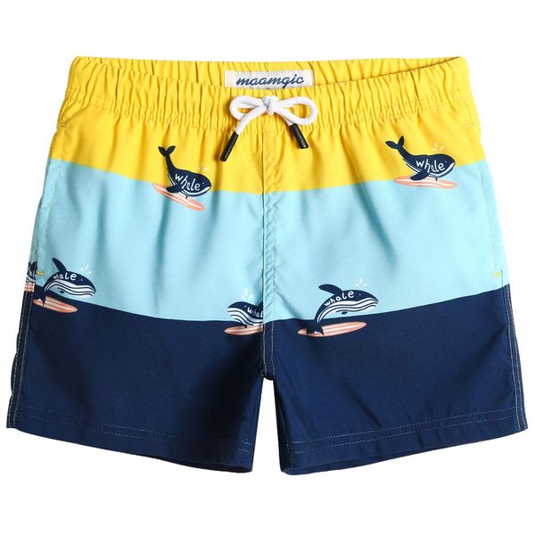 MaaMgic Badehose Jungen Sommer Badeshorts Schnelltrocknend Boardshorts mit Netzfutter Taschen und Verstellbarem Tunnelzug Urlaub Shorts Wal Gelb Blau Navy,5-6 Jahre alt