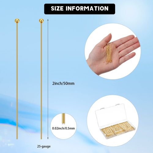 Waydress 500 Pcs 2 Inch Eye Pins for Jewelry Making Flat Head Pins 50 mm Brass Jewelry Making Supplies with Balls Earring Findings for Craft Bracelet Accessories(Gold)