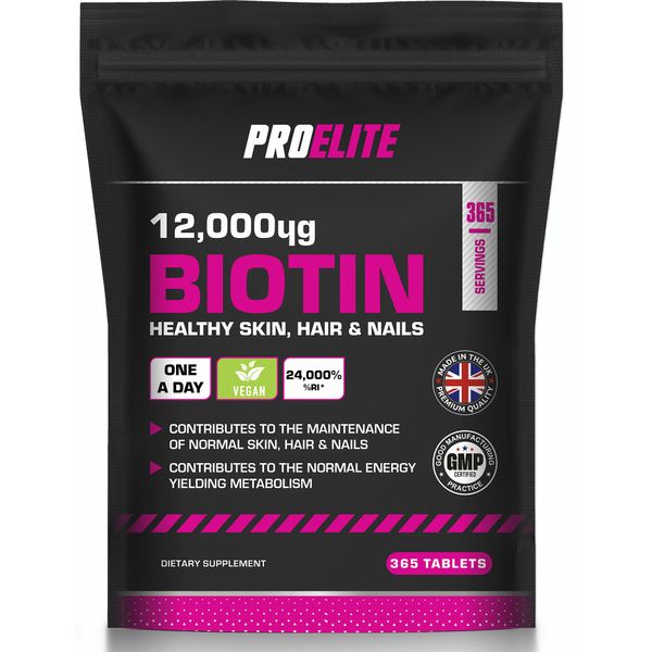 Biotin Hair Growth Supplement 12,000mcg - 365 Vegan High Strength Biotin Tablets - Hair and Nails Vitamins for Women & Men - Supports Hair, Skin & Nail Growth Vitamin B7 Tablets - PROELITE