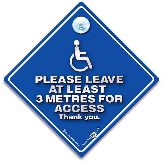 Please Leave At Least 3 Metres For Access Wheelchair Sucker Car Sign, Disabled Disability Advisory Vehicle Sign For Disabled or Wheelchair User in Super Bright Blue 14cm x 14cm