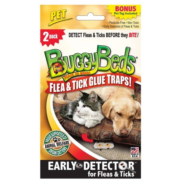 Buggy Beds Flea & Tick Glue Traps, Early Detector Pet Bed Couch Dorm Rug, 2 Pack