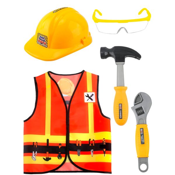 Puteraya 1 Set Kid Construction Worker Costume Set Child Construction Vest Hat and Goggles With Builder Tools Toys Construction Role Play for Kids Dress up Halloween Birthday Cosplay