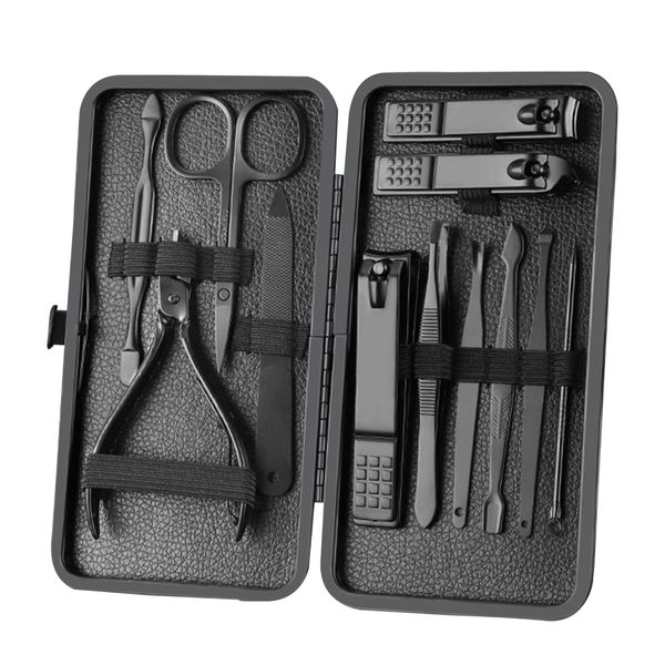 Manicure Set Nail Clippers Pedicure Kit -12PCS Stainless Steel Manicure Kit, Professional Grooming Kits, Nail Care Tools with Luxurious Travel Leather Case Gift Box (12, Black)