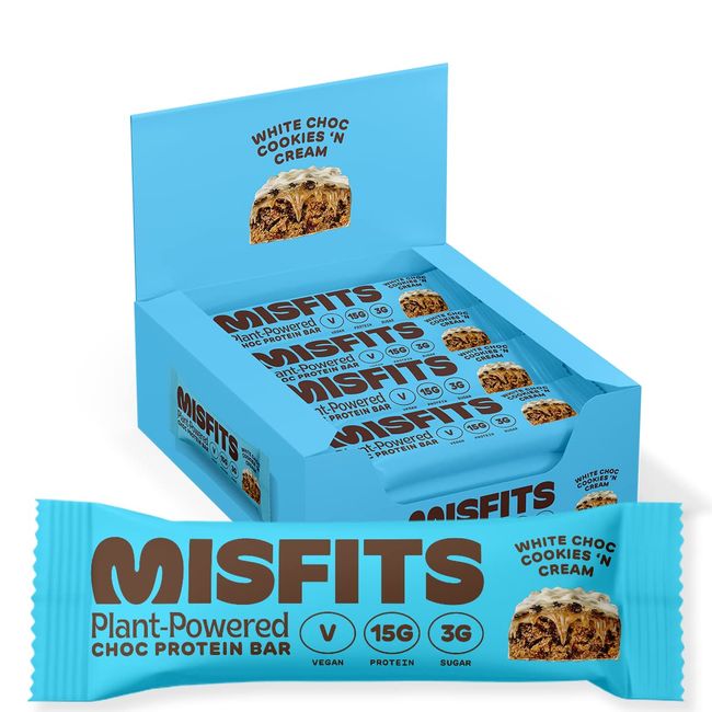 Misfits Vegan Protein Bar, High Protein, Low Sugar, Gluten Free, Plant Based Protein Bar, 12 Pack (Cookies And Cream)