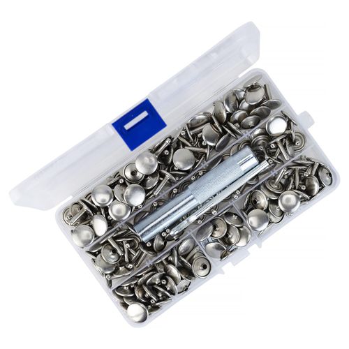 Trimming Shop 100 Set Leather Rivets Kit, 9mm Silver Double Cap Rivets Tubular Metal Studs with 3 Fixing Tools for DIY Leather Crafts Clothing Repair Bags Shoes Decoration