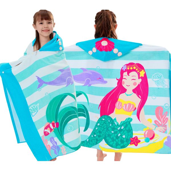 VOOVA & MOVAS Toddler Bath Towels Age 3-10,100% Cotton | Soft | Thick, Hooded Towel for Kids Girls, Perfect for Beach, Pool, Bath,Swim, Stripe Mermaid