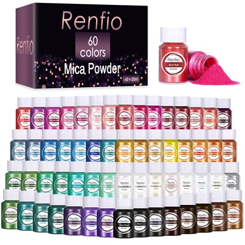 Renfio Mica Powder, 60 Colors Mica Powder for Resin Natural Epoxy Resin Color Pigment Powder Dye 0.25oz/7g Bottles Shimmer Pearl Pigments for Soap Making, Candle Making, Epoxy Crafts, Slime, Nail Art