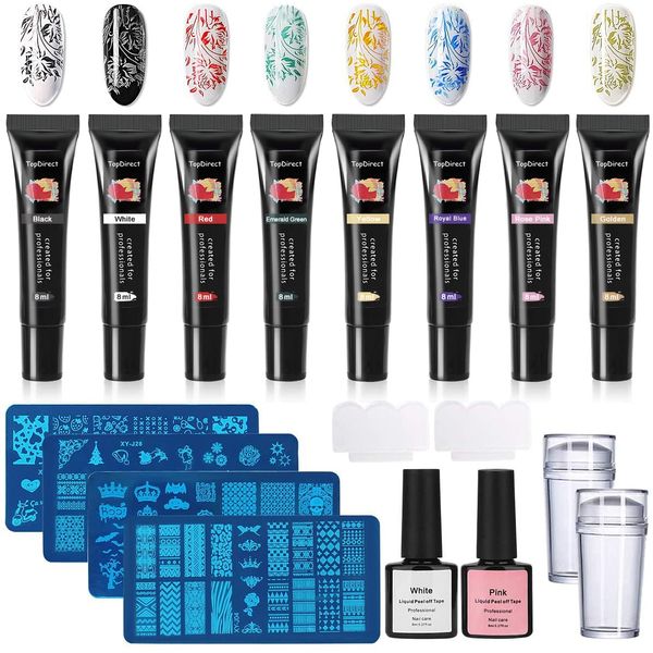 TopDirect Nail Art Stamping Kit 8 Colori Smalto per Stampaggio Manicure Arte con 4x Template Piastra Unghie + 2x Liquid Latex + 2x Stamper + 2x Raschietto per Unghie e Timbro Stamper Piatti Templates