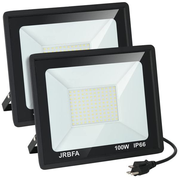 JRBFA 2 Pack 100W LED Flood Lights Outdoor, 10000lm LED Work Light with Plug, 6500K Daylight White, IP66 Waterproof Exterior Outside Floodlights for Backyard, Garage, Garden, Lawn