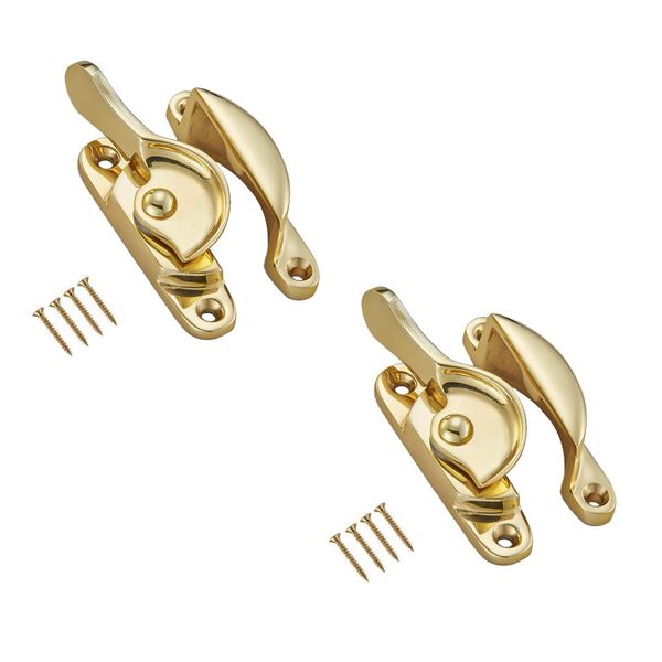 TERF® Traditional Vintage Polished Brass Sash Window Lock Catch Latch Fitch Fastener With Fixing Screws For Wood Aluminium UPVC Vinyl Frames - Pack of 2