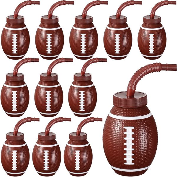 12 Set Football Ball Cups with Straws and Lids, 10 oz Toddler Plastic Reusable Super Football Party Cups Bulk for Kids Birthday Theme Party Football Party Supplies